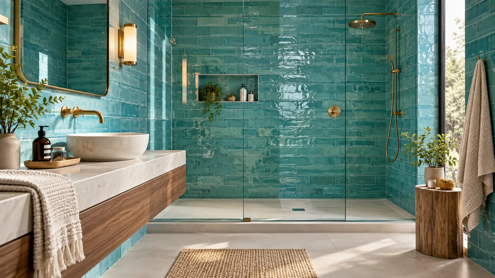 Modern bathroom with glossy turquoise wall tile, glass shower, brass fixtures, and floating wood vanity
