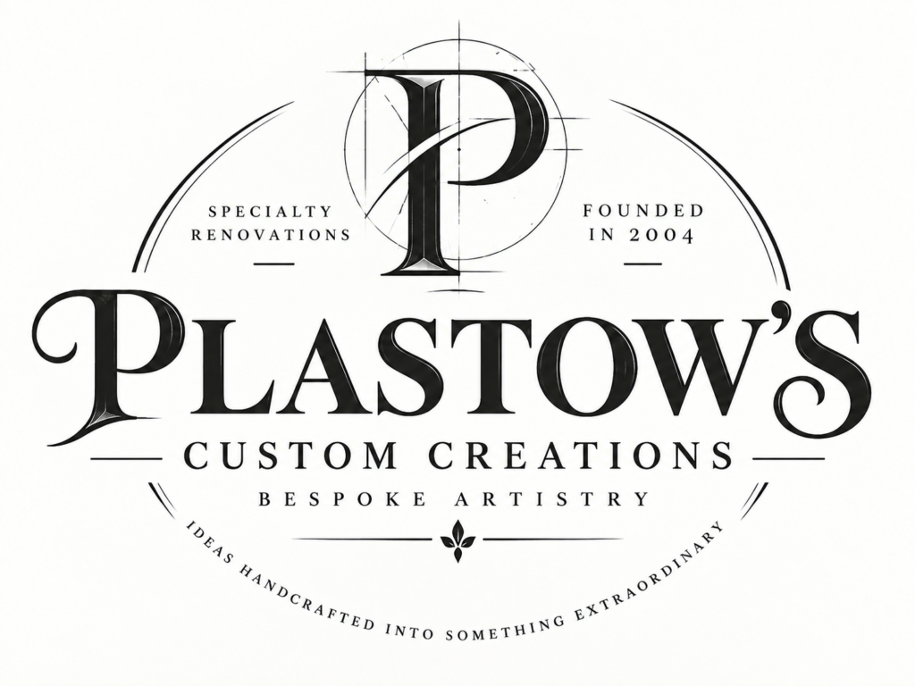 Plastow’s Custom Creations emblem — specialty renovations and bespoke artistry, founded in 2004.