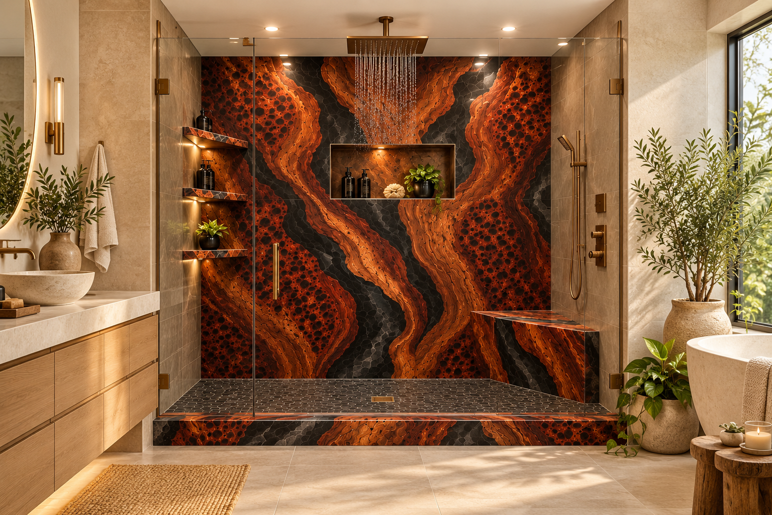 Bright neutral luxury bathroom with plants and a striking copper, black, and rust custom shower wall panel by Plastow’s Custom Creations.