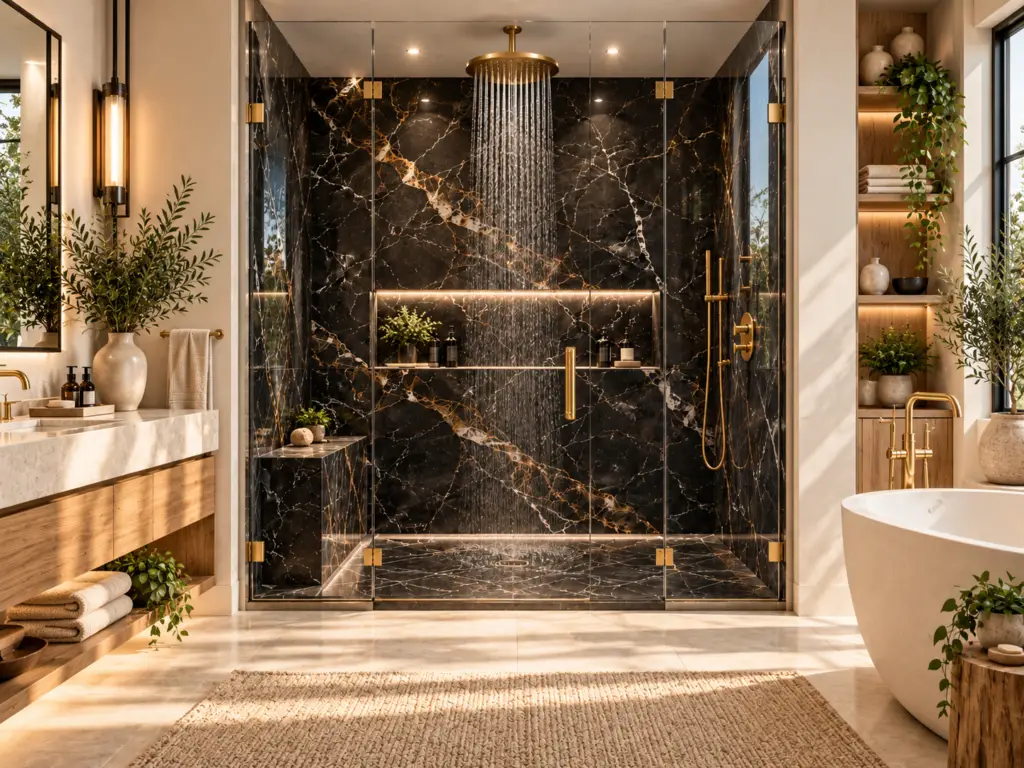 Modern residential bathroom with black marble-look shower panels, warm wood cabinetry, neutral finishes, plants, and natural daylight.