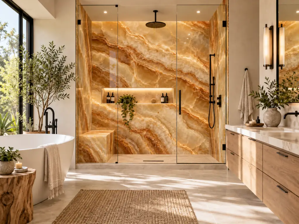 Warm residential bathroom with glowing honey onyx-inspired shower panels, natural wood cabinetry, black fixtures, and plants.