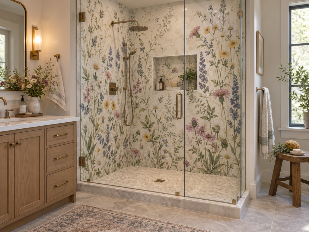 Residential shower concept with custom wildflower-pattern waterproof wall panels and glass enclosure.