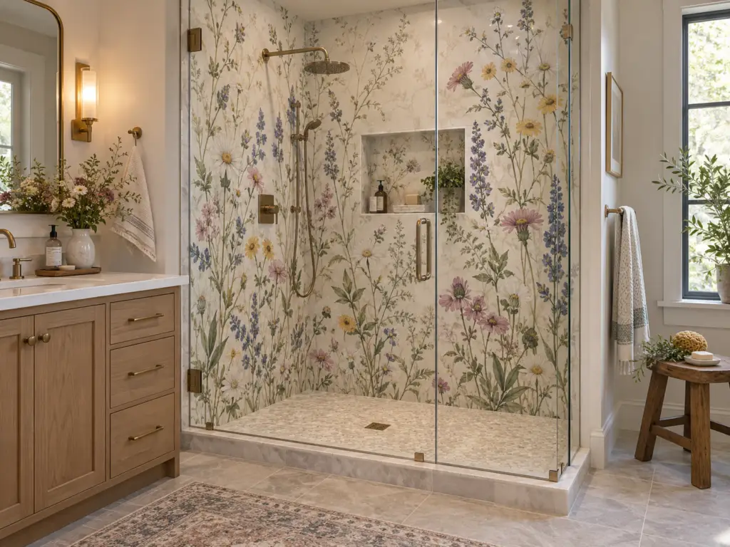 Residential shower concept with custom wildflower-pattern waterproof wall panels and glass enclosure.