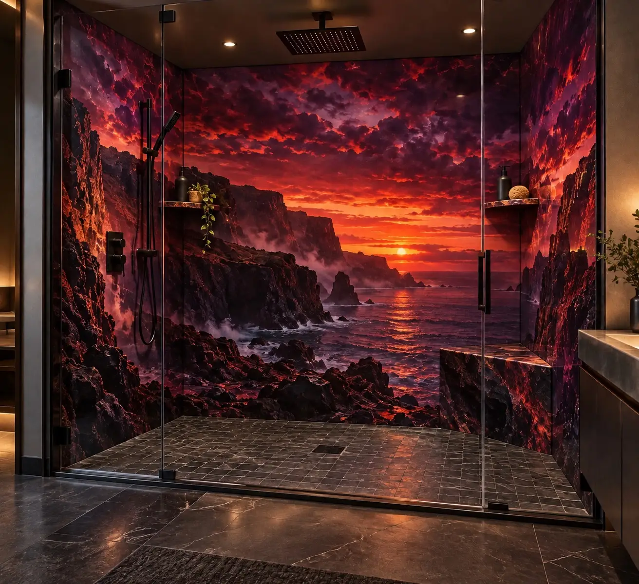 Custom waterproof shower wall panels featuring a dramatic red coastal sunset and rocky ocean cliffs in a luxury walk-in shower.
