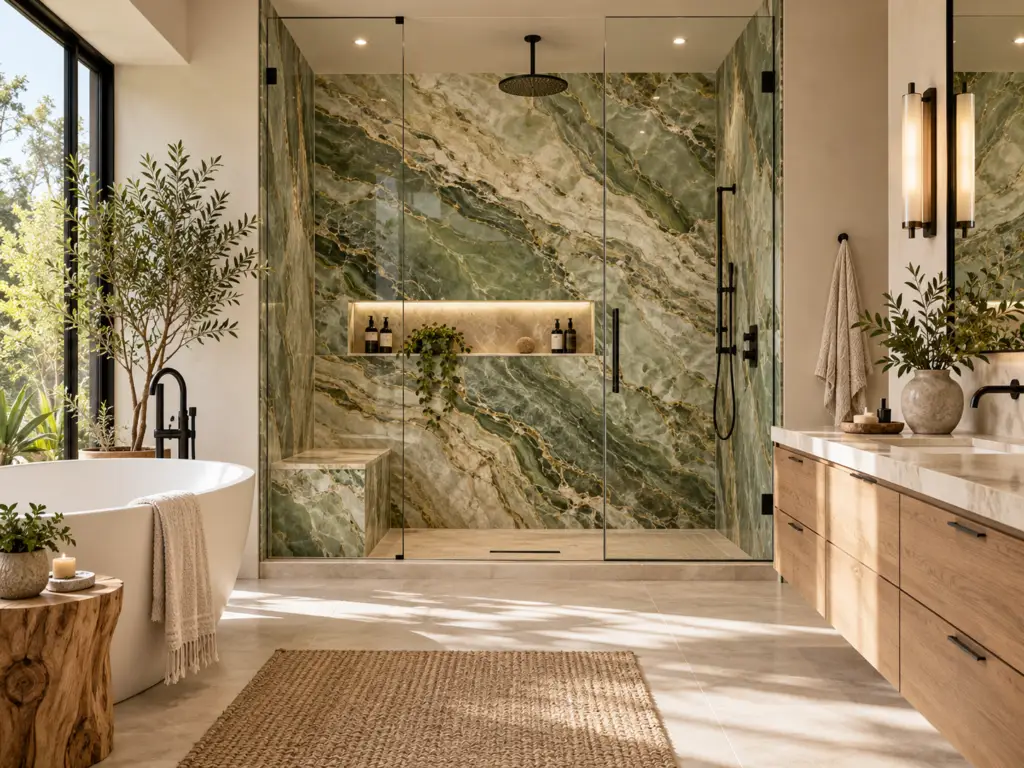 Bright residential bathroom with green quartzite-inspired shower wall panels, warm wood cabinetry, black fixtures, plants, and natural light.