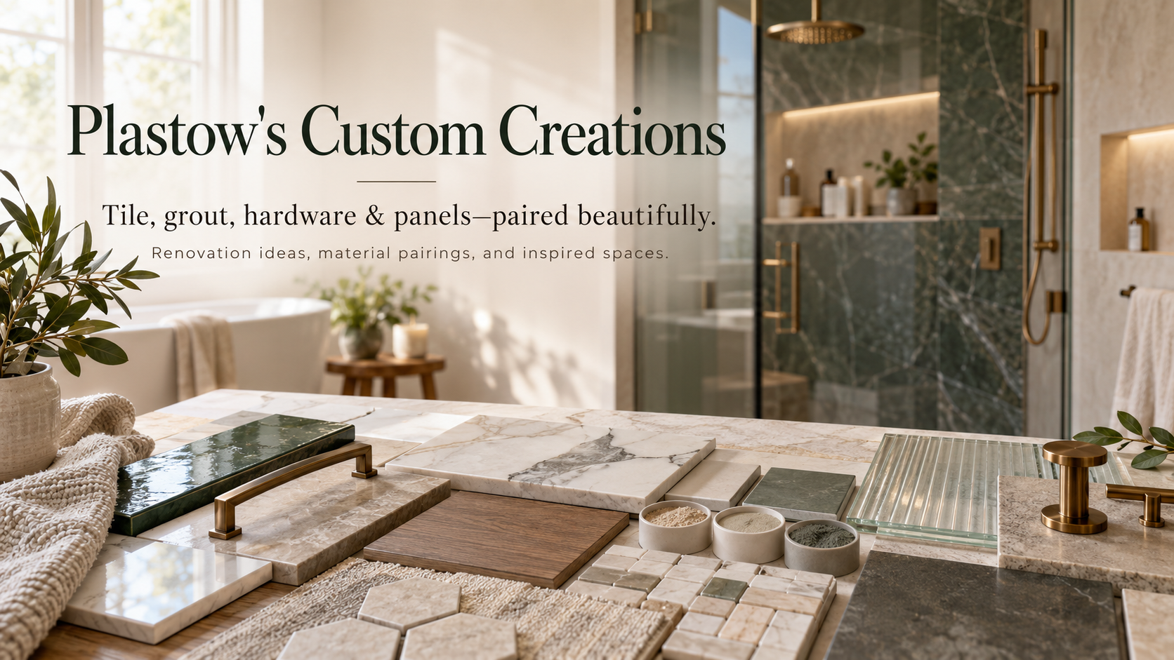 Plastow’s Custom Creations bathroom design featuring coordinated tile, grout, brass hardware, and shower panel samples with the tagline “Tile, grout, hardware & panels—paired beautifully.”