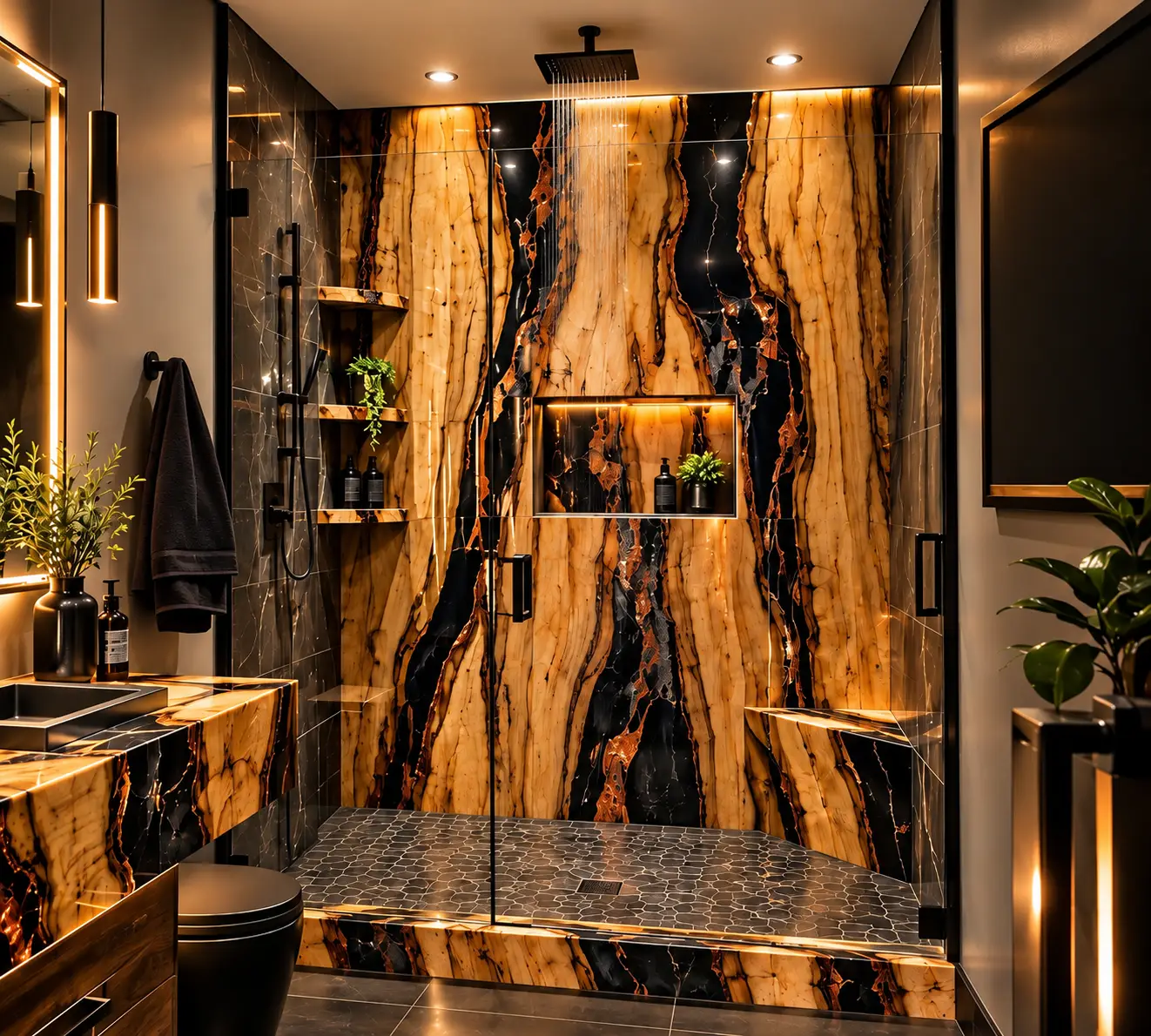 Realistic golden wood grain with natural knots and flowing black resin veins accented by warm copper details, designed for a custom waterproof shower wall panel.